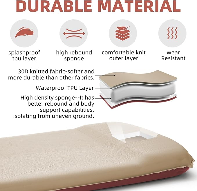INVOKER 3.15 Self-Inflating Camping Sleeping Pad Ultra-Thick Foam Fast Inflating Camping Mat Air Mattress with Pillow 4-Season Insulated for Tent Car Camping Travel Khaki with Pink-Orange