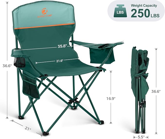LET'S CAMP Camping Chair 2 Pack Folding Chair with 3-Can Cooler Bag Portable Lawn Chair with Cup HolderStorage Pocket Supports 225LBS Collapsible Chair for Camp Beach Picnic (Green)