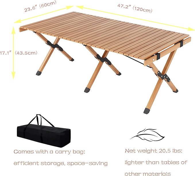 Folding Camping Table Beech Wood Portable Lightweight Roll-up Picnic Table with Carrying Bag for Outdoor Backyards BBQ Beach Party Patio(Natural Wood &amp Big)