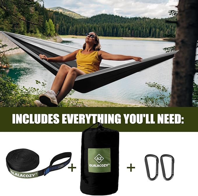 Camping HammockCamping EssentialsLightweight Portable Double &amp Single Hammock with Tree Straps Camping Gear for Outside Hiking Camping Beach Backpack Travel Black &amp Grey Large