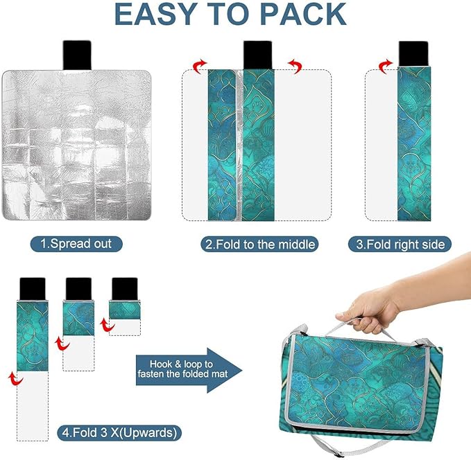 Turquoise Pattern Beach BlanketPortable Waterproof Picnic Blanket58.3''x 58.3'' Extra Large Picnic Mat for BeachCamping Grass Lawn Park Accessorie for Festival BBQ