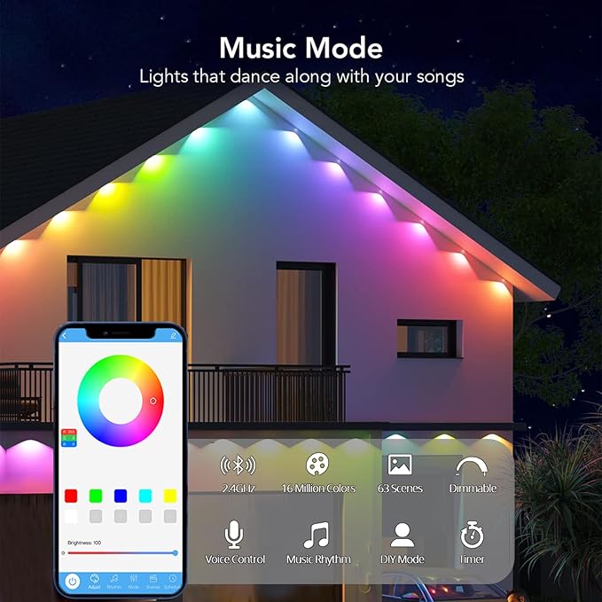 100FT Permanent Outdoor Lights - IP65 Waterproof RGB Eaves Lights with Smart App/Remote Controlfor Christmas All Holiday Party Daily and Accent Lighting House Roof and Garden Decoration