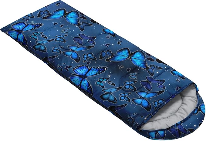 Kids Sleeping Bag for Boys GirlsBlue Black Butterfly Print-Lightweight Warm Portable Outdoor Indoor-Waterproof Cold Weather Resistant Sleeping Bag for Camping Hiking(Butterfly)