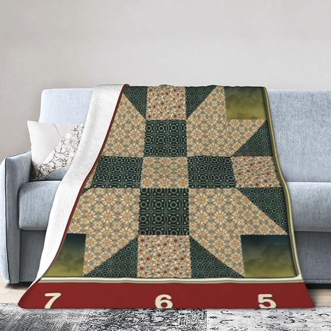 80X60 Star Patch Quilt Block Gold Green Lightweight Flannel Blanket - Soft and Breathable Polyester Suitable for Travel Camping and Home Decoration