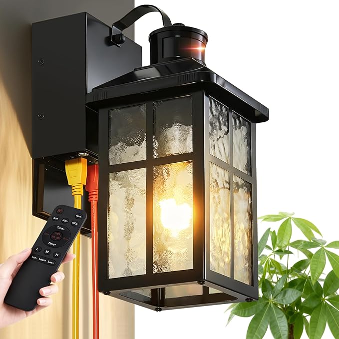 Porch Light with Outlet and Remote Control - Plug in Outdoor Wall Lights with GFCI Exterior Lighting Fixtures Adjustable 3 Sensitivity Levels and 1-10min Delay for Porch Patio Entryway(Black)