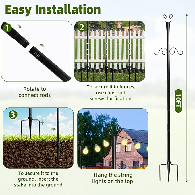 2 Pack Outdoor Patio Light Poles for String Lights 10Ft Heavy Duty Metal String Light Poles with Shepherds Hooks for Hanging Plant &amp Bird Feeder Deck Pole for Outdoor Strings Lights