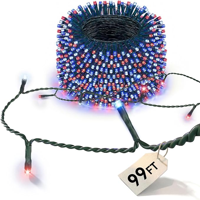 LitHome 99FT 300 LED Red White and Blue Lights Outdoor Waterproof 8 Modes Patriotic Lights Plug in Green Wire 4th of July Decoration String Light with Timer for Independence Day Tree Holiday Party
