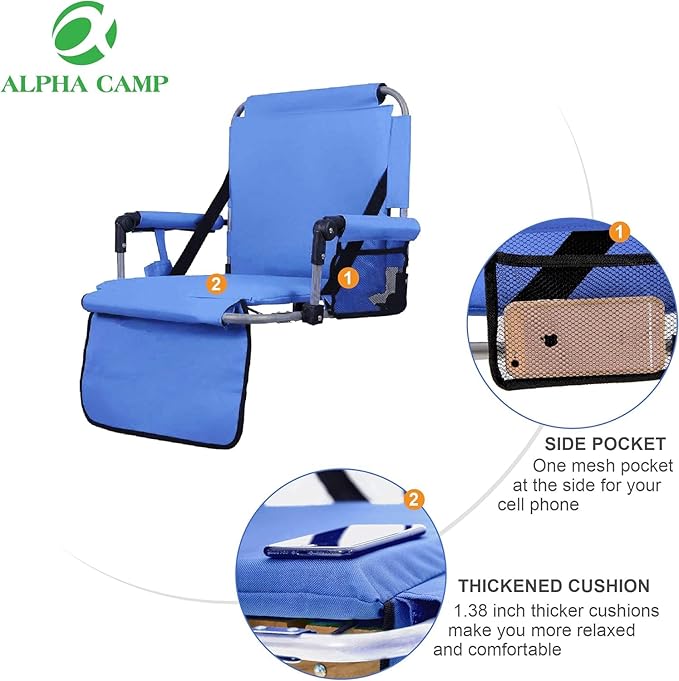 ALPHA CAMP Stadium Seat Padded Chair for Bleachers with Back&amp Arm Rest Blue2PC