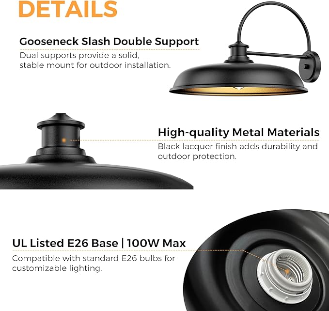 16in Large Barn Lights Outdoor Hardwired Farmhouse Outside Lighting Fixture Rustproof Modern Exterior Barn Lanterns Classic Gooseneck Hallway Wall Sconces for Porch Patio Backyard Set of Two