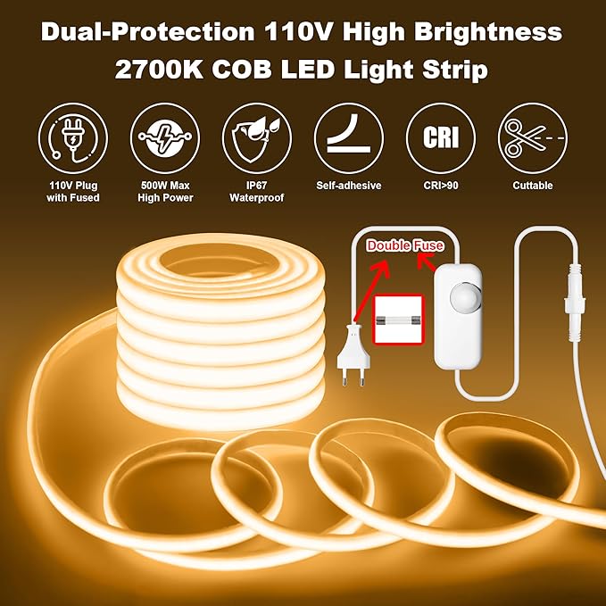 IP67 Waterproof COB LED Strip Lights AC 110V-120V Direct Plug 66FT Super Bright Outdoor Strip Lights with Double Fuse Controller 2700K Warm White LED Strips for Garden Patio Commercial Decor