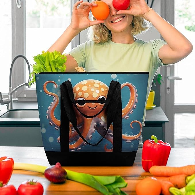 Insulated Shopping BagLarge Reusable Cooler Bags Cartoon Octopus Printed Foldable Shopping BagTravel Waterproof Shoulder Bag