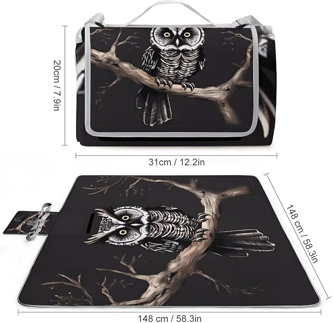 Late Night Owl Beach BlanketPortable Waterproof Picnic Blanket58.3''x 58.3'' Extra Large Picnic Mat for BeachCamping Grass Lawn Park Accessorie for Festival BBQ