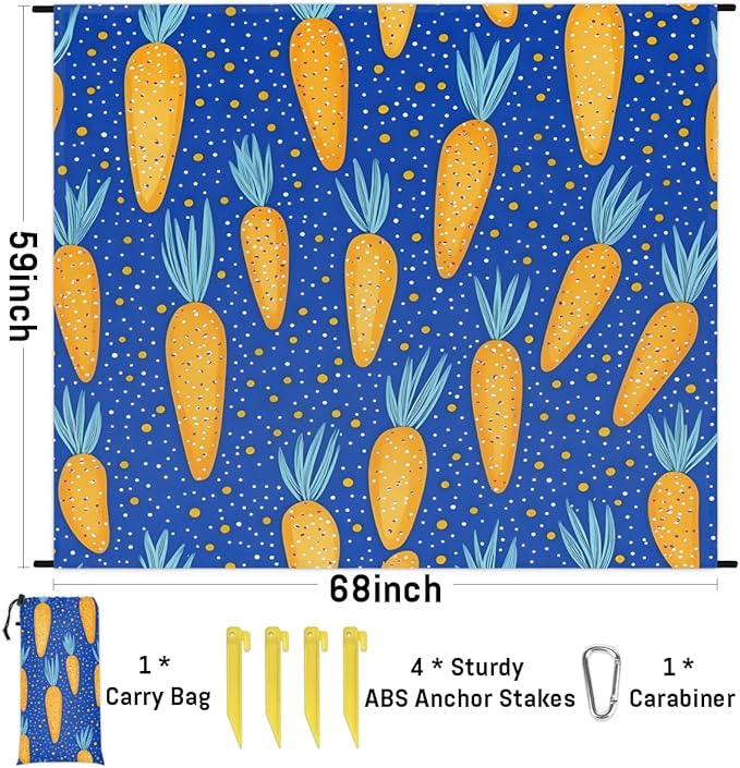 Waterproof Sandproof Beach Blanket 59''×68'' Star Carrots Polyester Outdoor Picnic Blanket with 4 Stakes &amp Storage Bag for BeachCampingVacation Blue