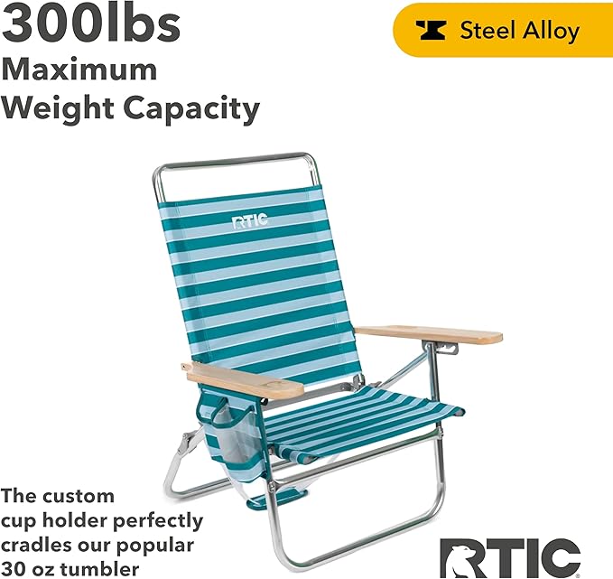RTIC Beach Chair Folding Lounge Reclining Portable High Back Chairs for Adults Camping Pool with Cup and Accessory Holder Padre Island