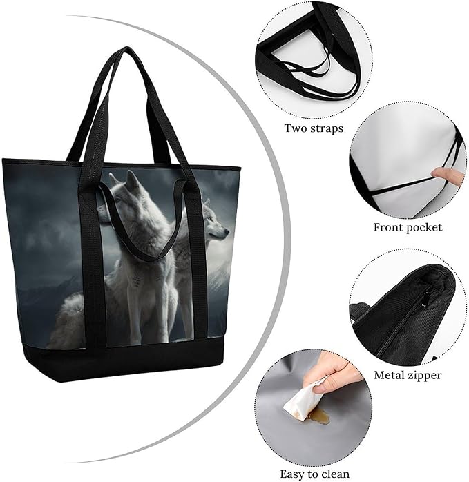 Insulated Shopping BagLarge Reusable Cooler Bags Wolf at Night Printed Foldable Shopping BagTravel Waterproof Shoulder Bag