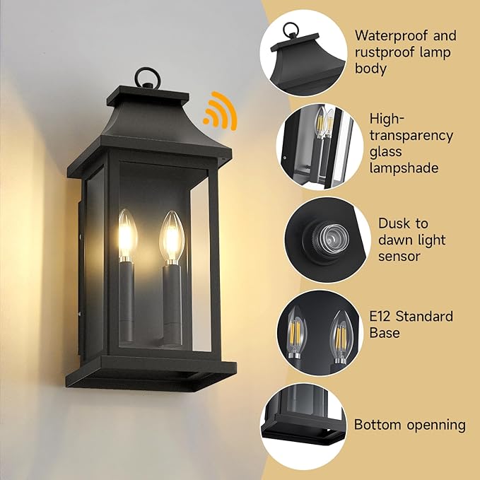 Large Outdoor Wall Lights Dusk to Dawn Outdoor Lighting Exterior Lighting Fixtures Wall Mount Wall Sconce Light Outdoor Lanterns for Porch Garage Black 18 2-Light 1-Pack