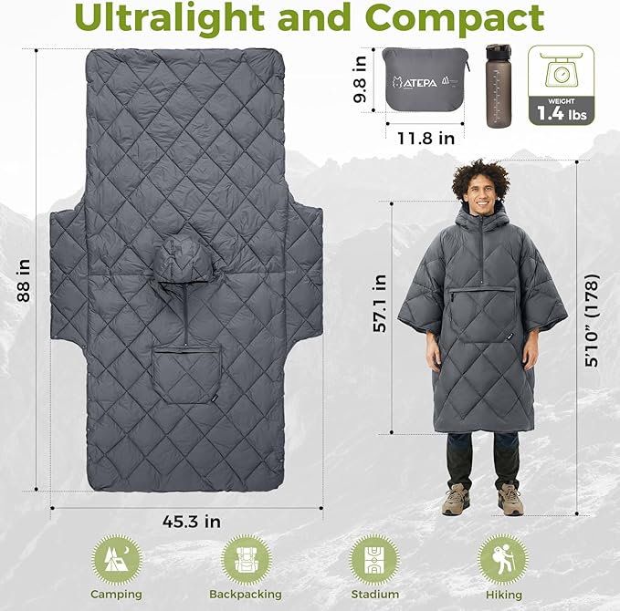 ATEPA Wearable Sleeping Bag Recycled Warm Winter Camping Blanket Wearable Poncho for Outdoor Stadium Sports Women Men