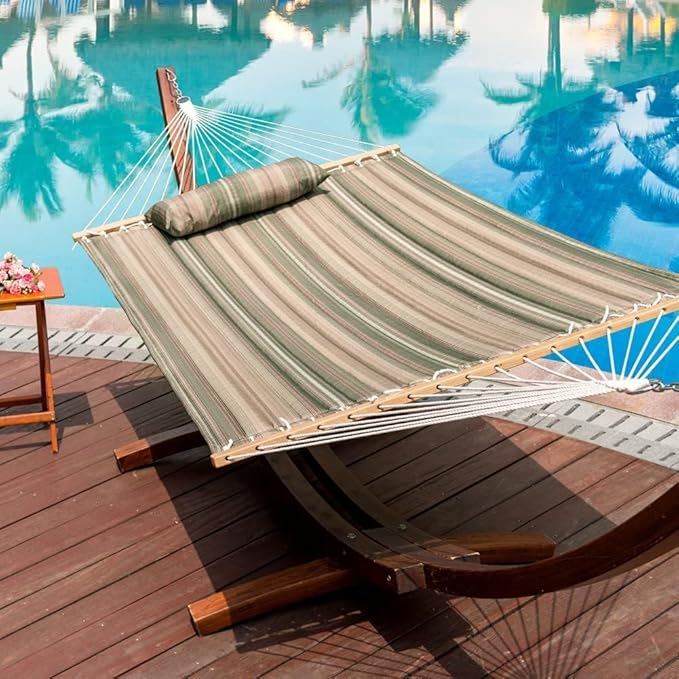 Lazy Daze 12 FT Quilted Fabric Double Hammock with Spreader Bars and Detachable Pillow 2 Person Hammock for Outdoor Patio Backyard Poolside 450 LBS Weight Capacity Mixed Green &amp Brown Stripe