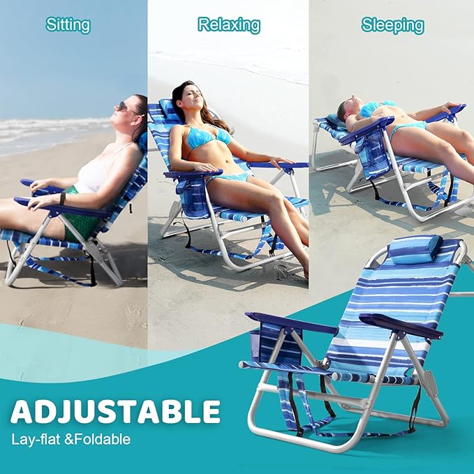 LEMBERI Backpack Beach Chairs for Adults1/2 Pack Folding Heavy Duty Camping Chair with Large Pockets and Cup HolderAdjustable high Beach Lounge Chairs with Towel Rack for OutdoorTravel (2 Blue)