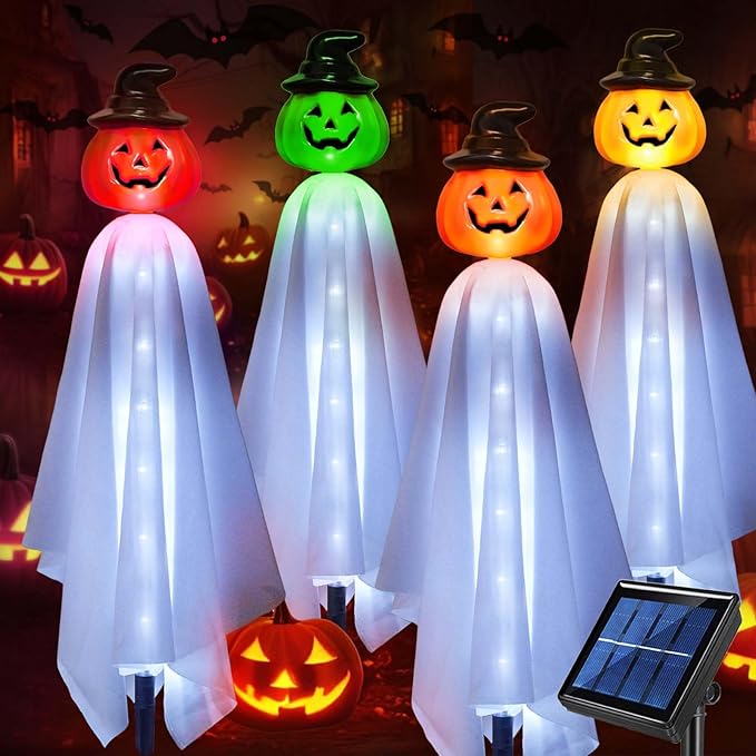 Homeleo Set of 4 Solar Pumpkin Ghost Lights for Halloween Decorations Outdoor Light up Floating Scary Ghosts Pumpkins Witch Hat Stake Lights for Porch Yard Outside Pathway Halloween Party Decor