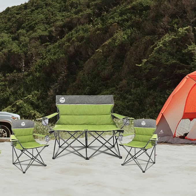 Northroad Outdoor Camping Chair Set of 3Folding Padded Camp ChairCollapsible Conversation Set w/1 Sofa2 Single Chairs for Family PatioBeach (Green)