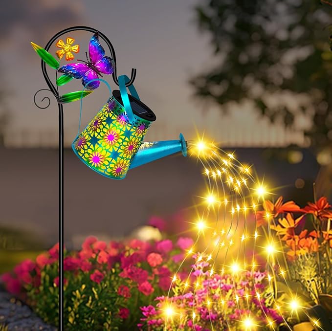 Solar Watering Can with Lights Waterproof Solar Lantern with Butterfly Shepherd Hook Hanging Garden Lights for Patio Yard Lawn Porch Outdoor Decoration 2 Pack