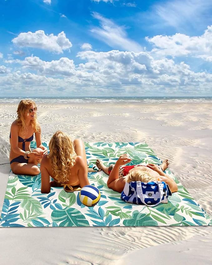 Summer Tropical Plant Beach Blanket Waterproof Sandproof Green Blue Leaf Pastoral Style Beach Mat Quick Drying Outdoor Picnic Mat 108 x 84 for 1-6 Adults Essentials for Travel Camping Hiking