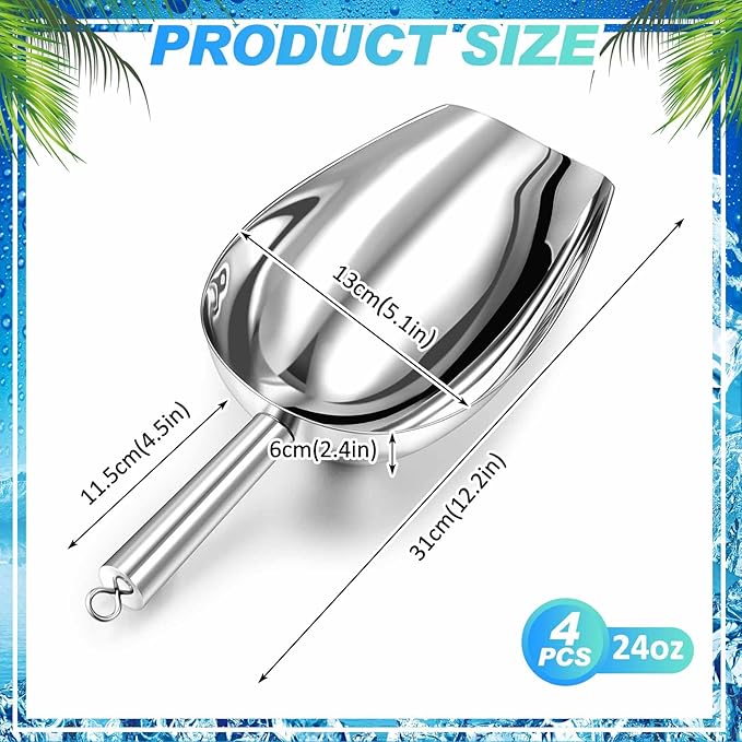 4 Pcs 24 Ounce Metal Ice Scoop Large Scoop for Freezer Rust-proof Utility Ice Cube Scoops with Hanging Loop for Coffee Bean Popcorn Flour Dog Food Candy Potted Plants Dishwasher Safe