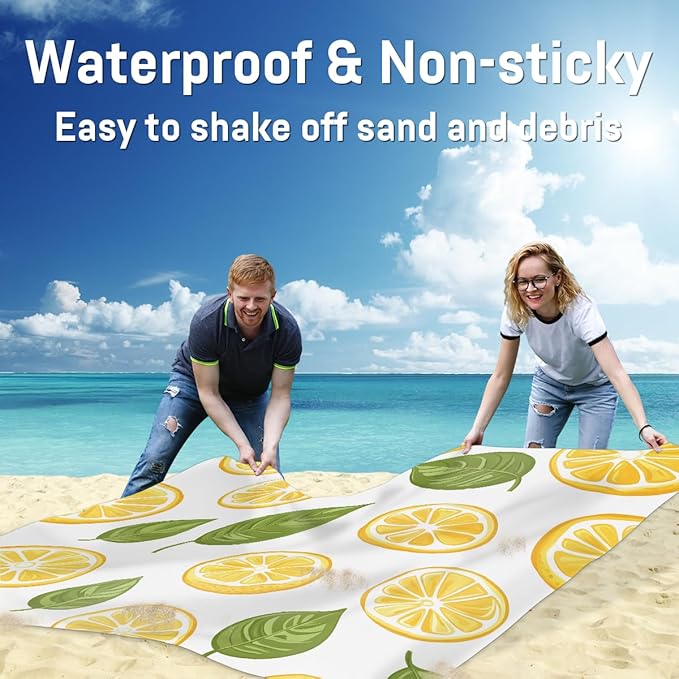 Waterproof Sandproof Beach Blanket 59''×68'' Candy Lemon Polyester Outdoor Picnic Blanket with 4 Stakes &amp Storage Bag for BeachCampingVacation White