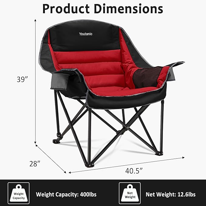 Oversized Camping Chair Portable Folding Camping Chairs with Side Pocket Cup Holder and Carry Bag Heavy Duty Outdoor Camping Chairs for Adults Fishing Sports Trip up to 400lbs Style 5