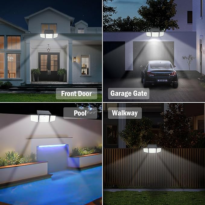 2500LM Solar Lights Outdoor with Motion Sensor3 Head 270° Wide Angle Street Area LightsIP65 Waterproof Security Lighting with 3 Modes(Remote4 Pcs)