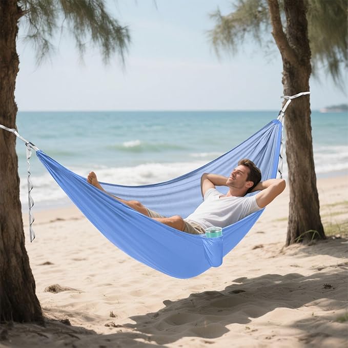 Cornflower Blue Packable Camping Hammock Camping Gear with 2 Tree Straps 114 x 54