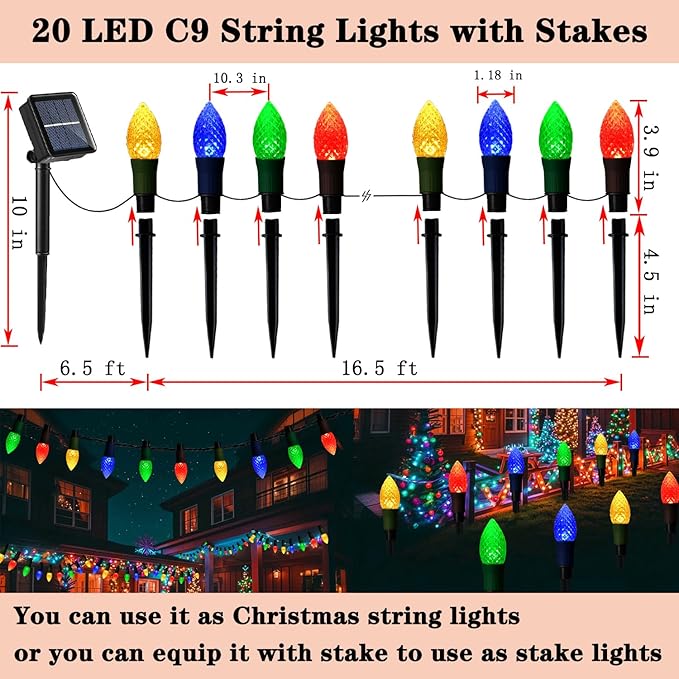 Solar Christmas Pathway Lights 20 LED C9 String Lights with 20 Stakes 23FT Solar Powered Multicolored Decorations for Roof Yard Patio Walkway Driveway
