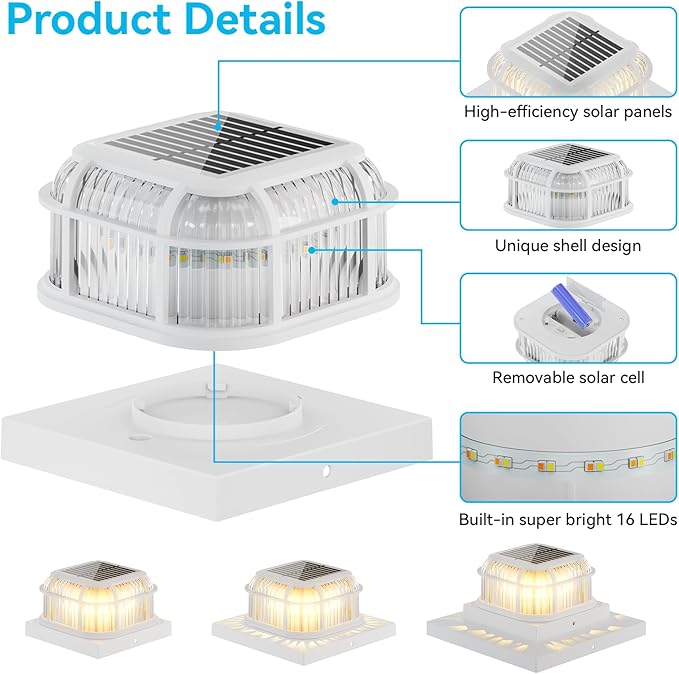 Solar Post Light 6 Packs with 4x4 5x5 and 6x6 Inches Base for Vinyl/Wooden Posts Bright 16 LEDs Solar Cap Lights with Two Light Modes for Decorating Deck Patio Porch Fence (White)