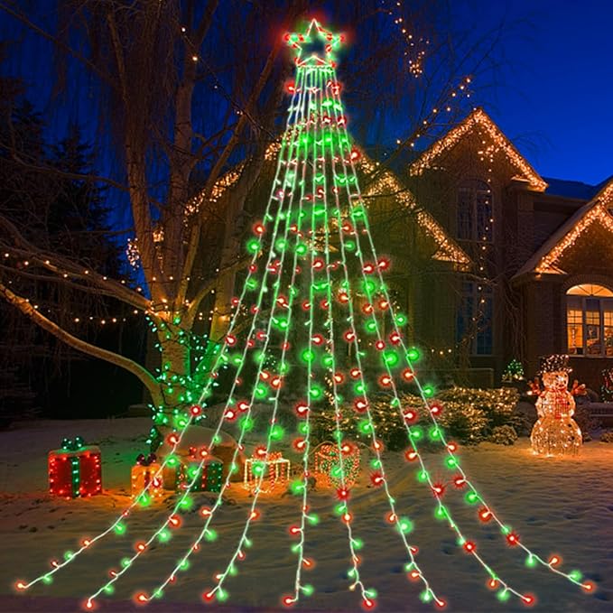 Outdoor Christmas Lights Christmas Decoration Lights 320 LED Christmas Tree Toppers String Lights[8 Modes &amp Waterproof] for Halloween Xmas New Year Holiday(Iron Star-Red &amp Green)