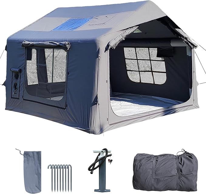 8㎡ Luxury Inflatable Camping Tent for 3-8 People UV-Resistant 4-Season Family Tent with Chimney Port &amp Skylight Oxford Fabric or Tech Cotton – White Tank Gray Aurora Green