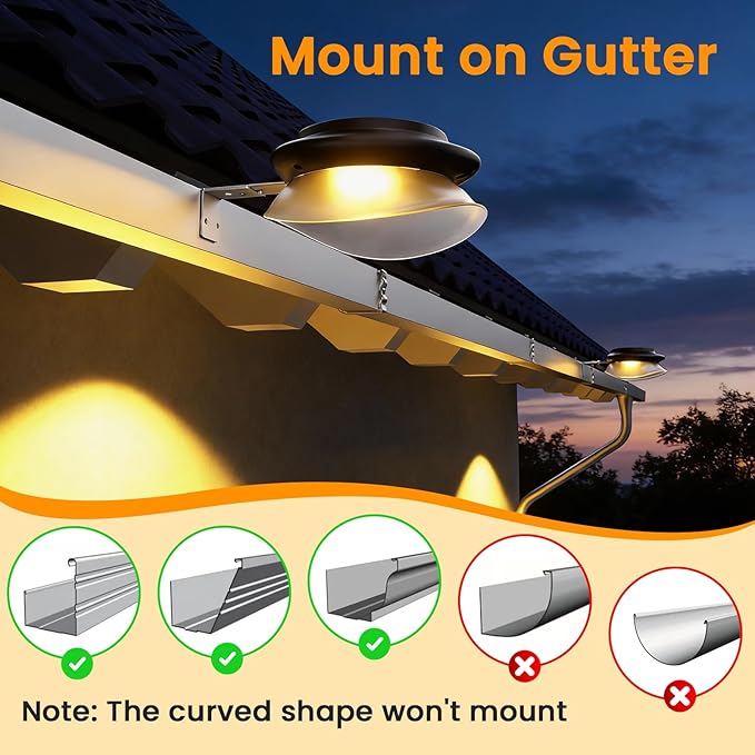 ROSHWEY Outdoor Fence Lights 6 Pack Solar Gutter Lights with 9 LED Waterproof for Eaves Garden Garage Porch Stairs Wall 2 Installations Methods Black Lampshade (Warm White)