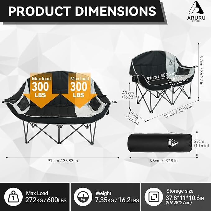 Double Camping Chair with Cooler Oversized Heavy Duty Loveseat for Adults Portable Folding 2 Person Camp Couch Padded Comfortable Two Seat for Outdoor Beach Lawn Tailgating Sports (Black Grey)