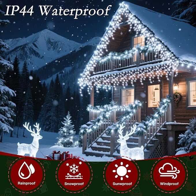 32ft Christmas Icicle Lights 396 LED Outdoor/Indoor Cool White Curtain Lights with 8Modes Plug in Waterproof String Lights for Holiday Wedding Garden Decorations