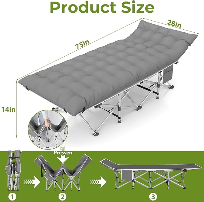 Camping Cots for Adults - Heavy Duty Folding Sleeping Cots with Carry Bag Double Layer Oxford Portable Travel Cots for Outdoor Camp Beach Home &amp Office (Silver Frame &amp Gray Pad 1PACK)