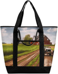 Insulated Shopping BagLarge Reusable Cooler Bags Country Road with Farm And Tractor Printed Foldable Shopping BagTravel Waterproof Shoulder Bag
