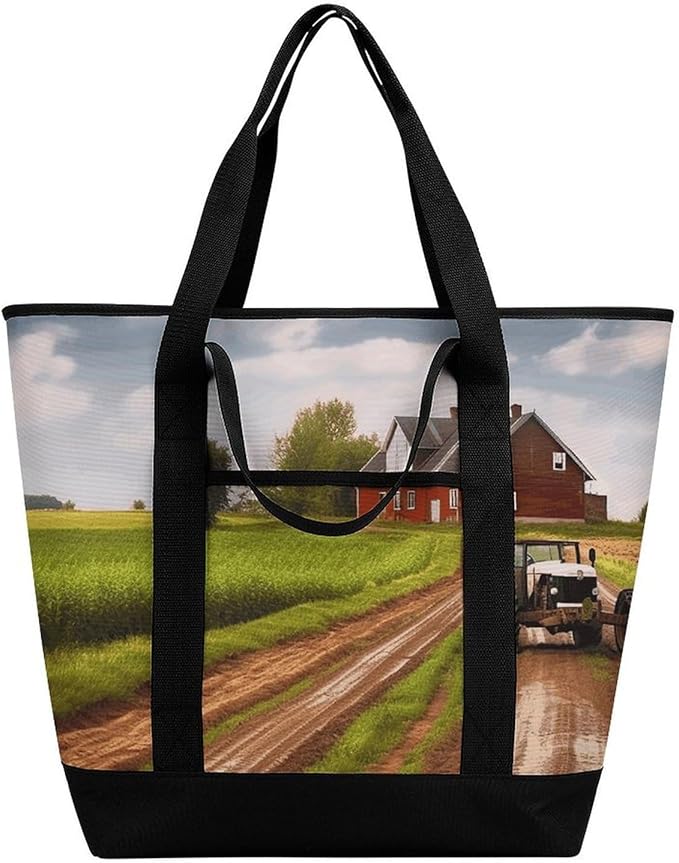 Insulated Shopping BagLarge Reusable Cooler Bags Country Road with Farm And Tractor Printed Foldable Shopping BagTravel Waterproof Shoulder Bag