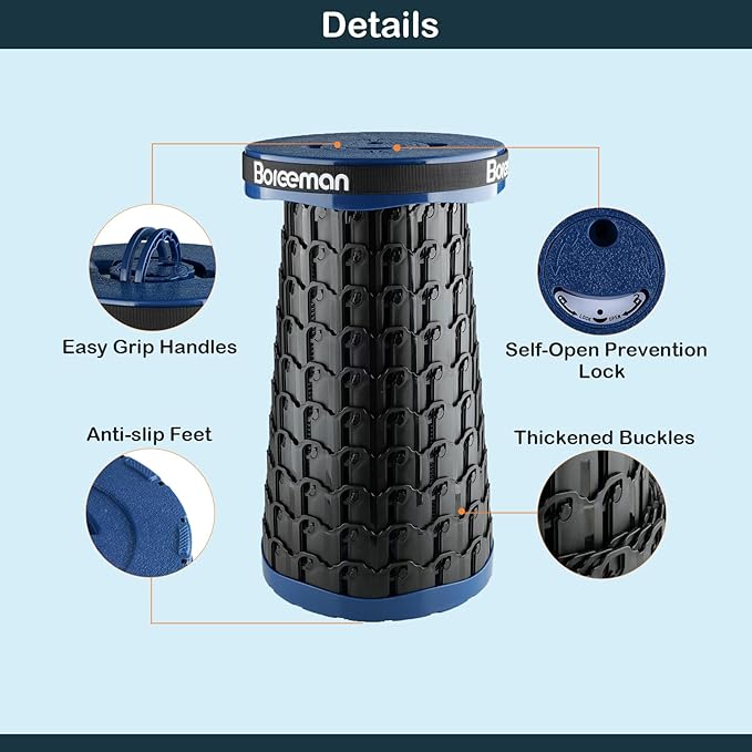 Boreeman 2026 Upgraded Collapsible Stool Lightweight Yet Sturdy with Load Capacity 800lbs Portable Folding Stool for Camping Fishing Hiking BBQ (Navy)