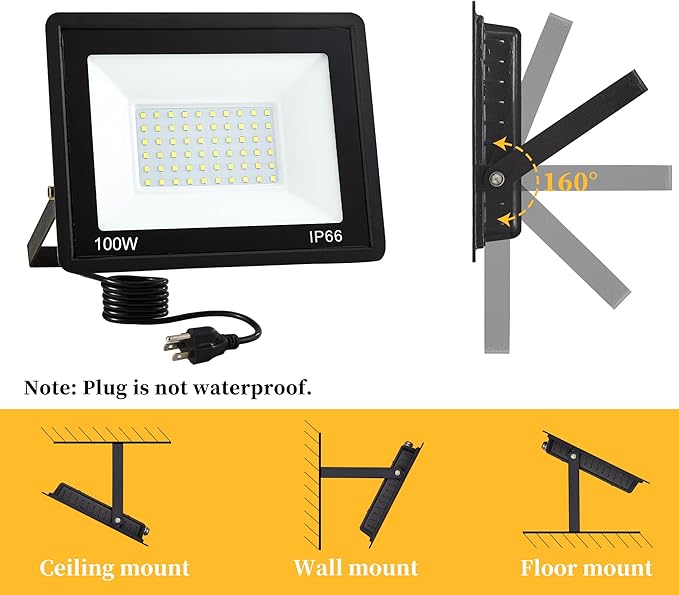 4 Pack 100W LED Flood Lights Outdoor Plug in 10000 LM Super Bright Outdoor Lights Portable IP66 Waterproof LED Work Light 6000K Daylight White Floodlights for Garage Yard Garden Playground