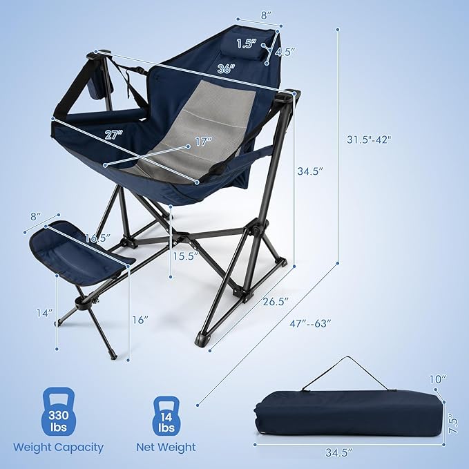 COSTWAY Folding Camping Chair Portable Beach Chair with Retractable Footrest Adjustable Back Cup Holder &amp Carry Bag Outdoor Lawn Patio Chair for Camping Fishing Hiking (Navy 1 Pack)