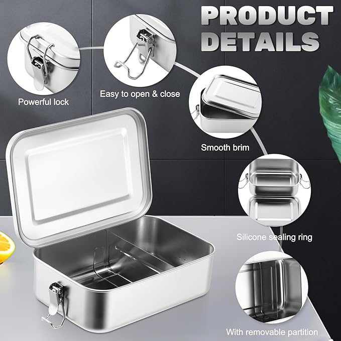 Umigy 5 Pcs Stainless Steel Food Containers 550/850/1200/1400/2400 ml Metal Bento Lunch Box Stainless Steel Food Storage Containers Lockable Clips to Leak Proof Reusable Dishwasher Snack Boxes