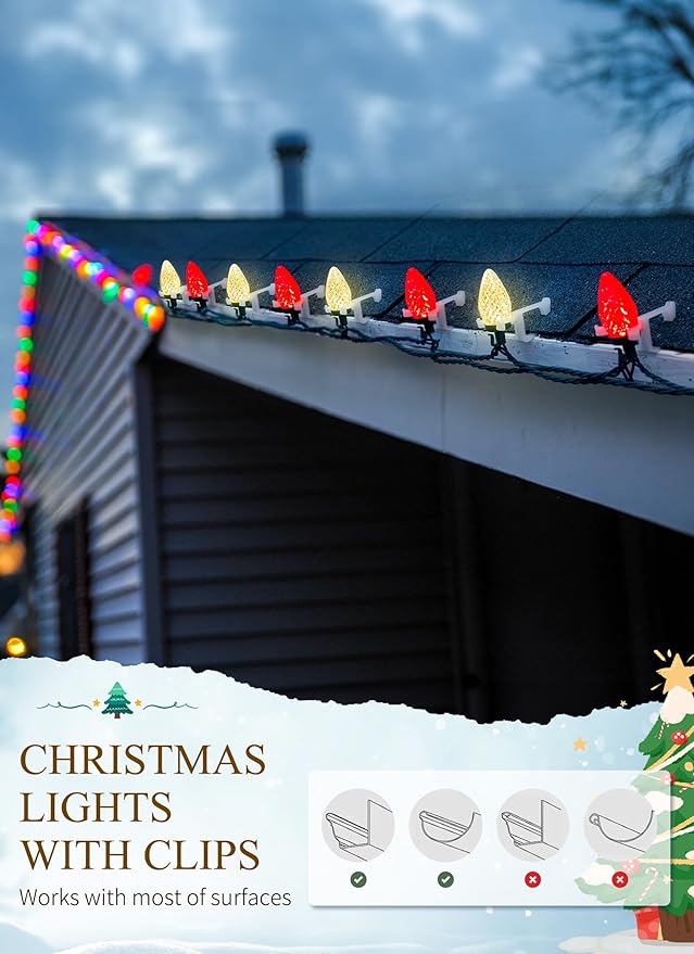 C9 LED Christmas Lights Outdoor 68 Ft 100 LED C9 String Lights with 100 All in One Clips Connectable Waterproof Christmas Tree Lights for Outside Roofline Backyard Garden Decor Red &amp Warm White