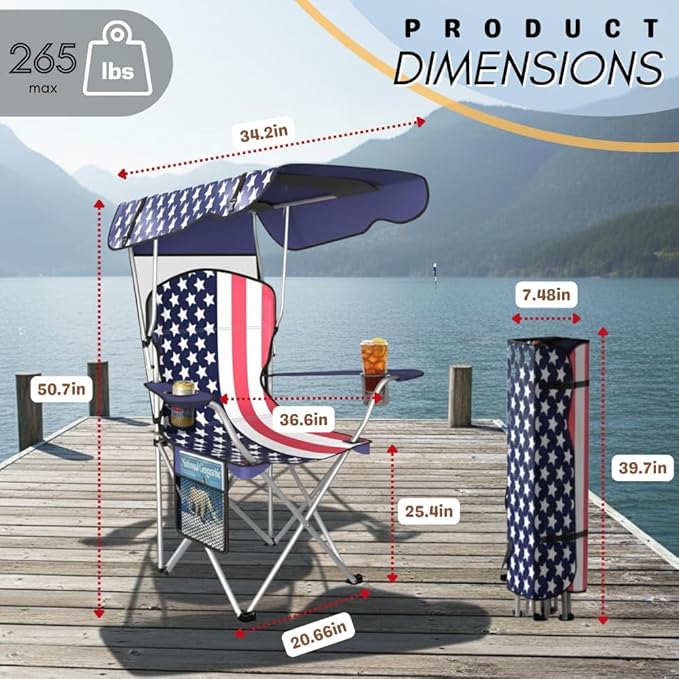 Portable Folding Camping Chairs with Canopy Shade Beach Chair for Adults Durable Weather Resistant 600D Oxford Cloth Camping Chair with Canopy for Outdoors [Flag-2 Pack]