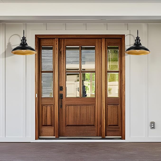 Outdoor Barn Light Fixtures 16 Inch Large Dome Farmhouse Exterior Wall Mount Lights Rustic Wall Sconces Indoor Wall Lighting Industrial Black Gold Lanterns for Porch Garage 2 Pack