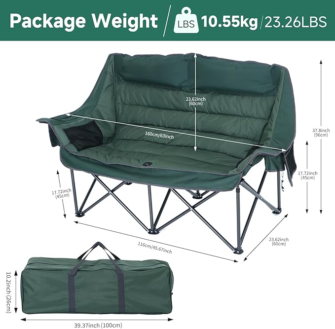 CDEN Heated Double Camping Chair Padded Oversized Folding Loveseat Portable Outdoor Sofa with Cup Holders Carry Bag Cooler Bag Bottle Opener for Camping Picnic BBQ Lawn Fishing (Green)